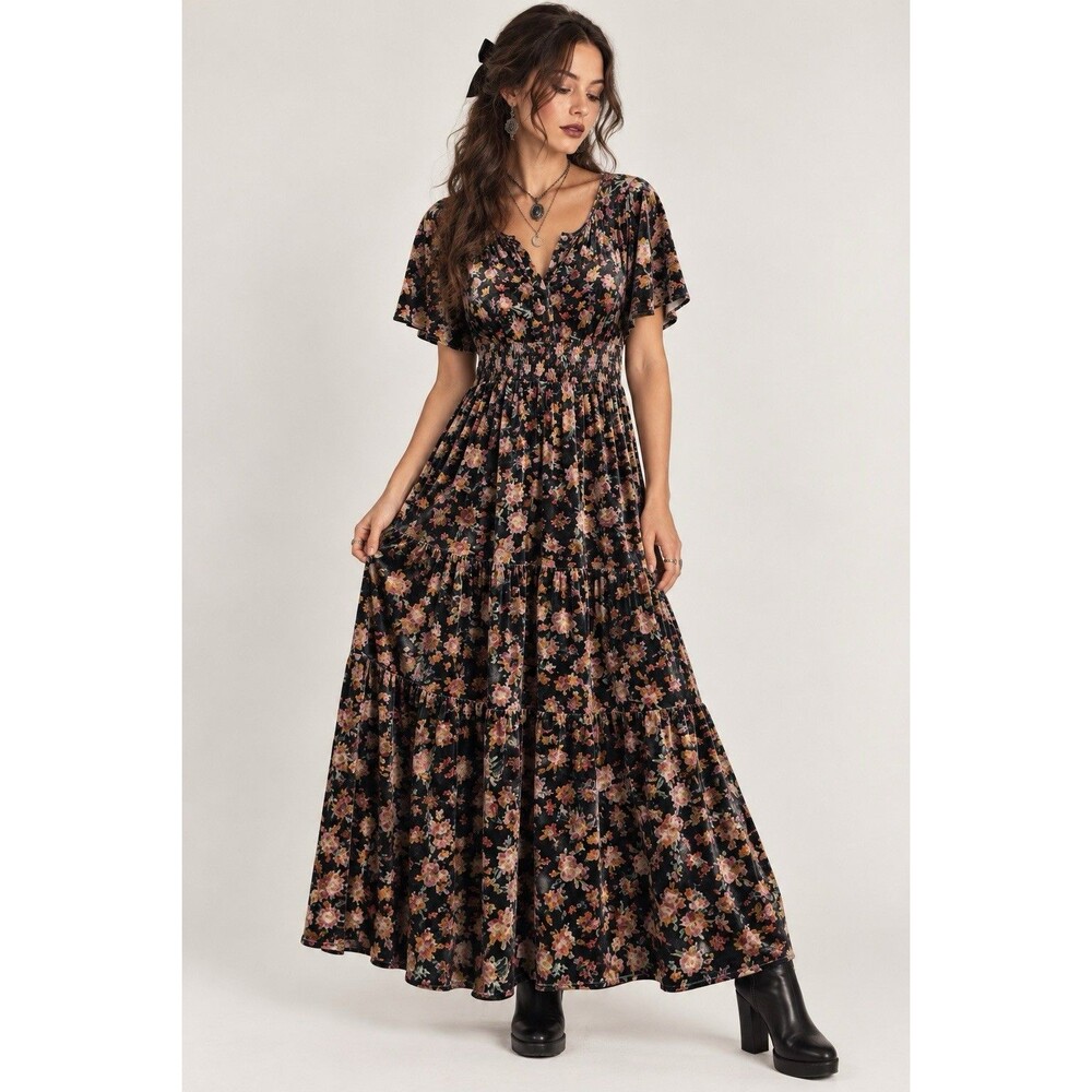 Natural Life Black Floral Velvet Maxi Dress Large Smocked Waist Boho Whimsigoth